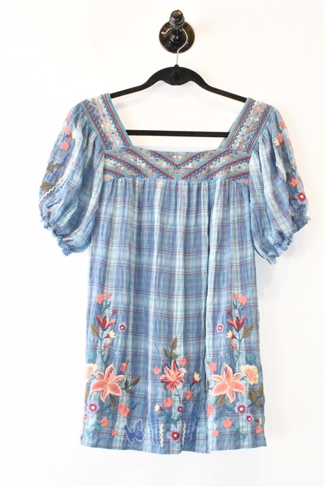 Blue Check Johnny Was Short-Sleeved Top, size XS