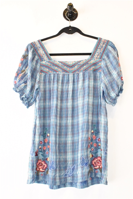 Blue Check Johnny Was Short-Sleeved Top, size XS