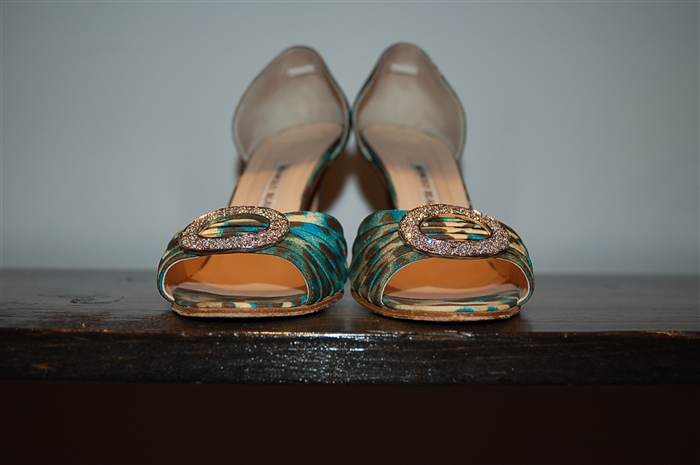 Animal Print Manolo Blahnik Open-Toe Heels, size 8