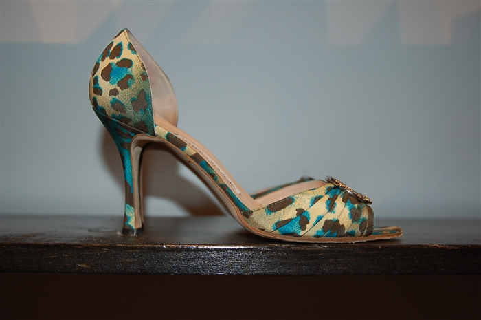 Animal Print Manolo Blahnik Open-Toe Heels, size 8