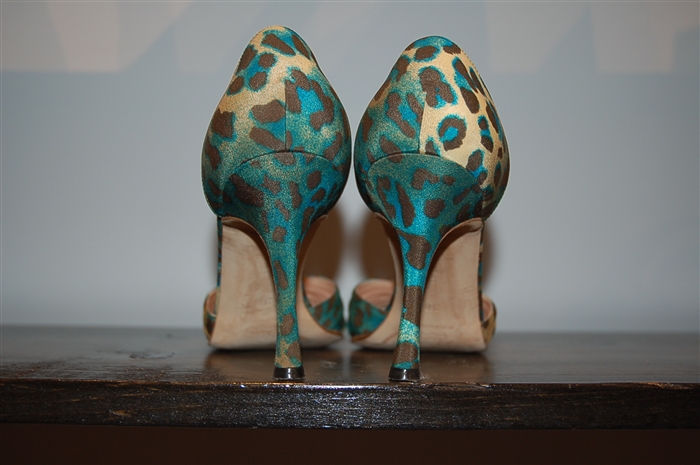 Animal Print Manolo Blahnik Open-Toe Heels, size 8