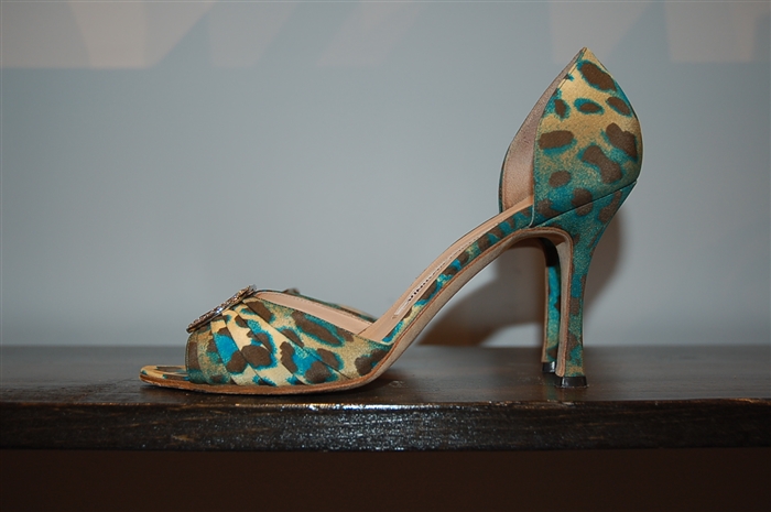 Animal Print Manolo Blahnik Open-Toe Heels, size 8