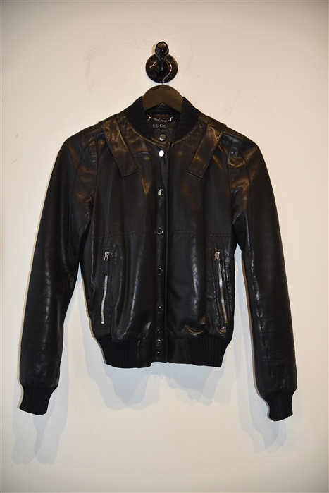 Black Leather Gucci Leather Jacket, size 4