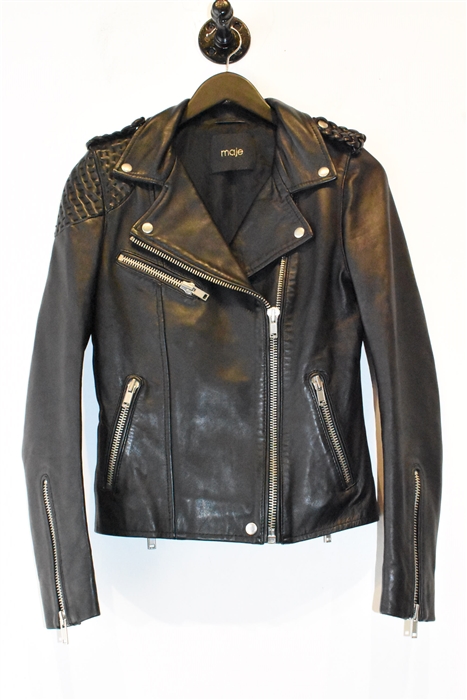 Black Leather Maje Leather Jacket, size S