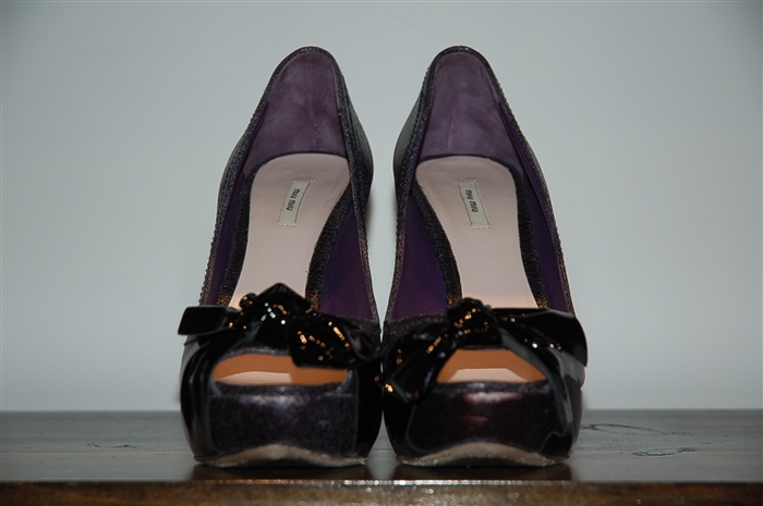 Black Leather Miu Miu Open-Toe Heels, size 7