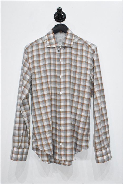 Brown Check Eleventy Button Shirt, size M