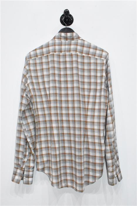 Brown Check Eleventy Button Shirt, size M