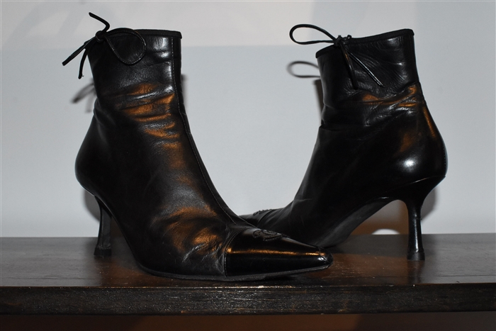 Black Leather Chanel Ankle Boots, size 7