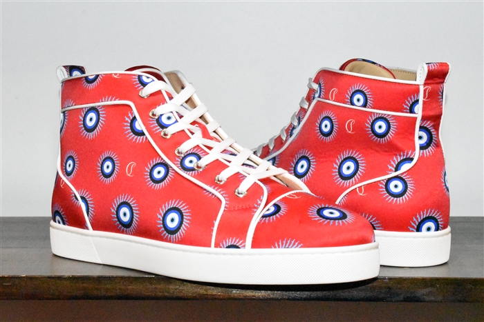 Red Satin Christian Louboutin High-Top Sneakers, size 11.5