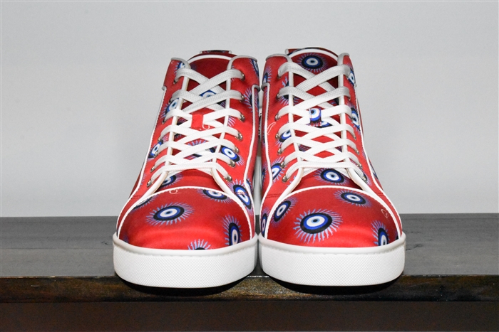 Red Satin Christian Louboutin High-Top Sneakers, size 11.5