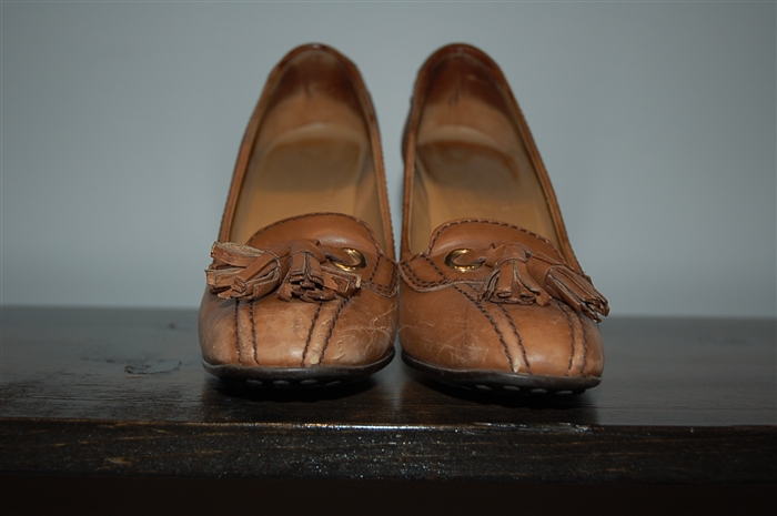 Aged Leather Car Shoe Heels, size 7