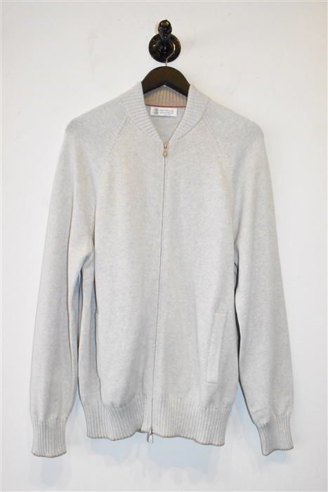 Light Silver Brunello Cucinelli Zippered Sweater, size XL