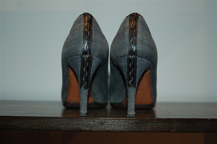 Dark Denim Alaia Sandal, size 6.5